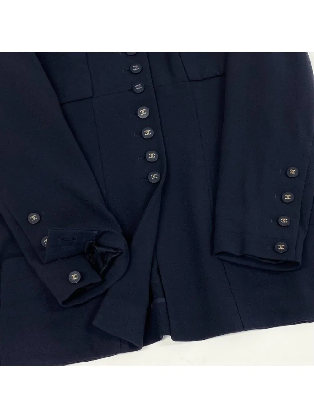 Chanel Vintage Long Tailored Jacket CC Logo Button 42 Dark Navy Wool